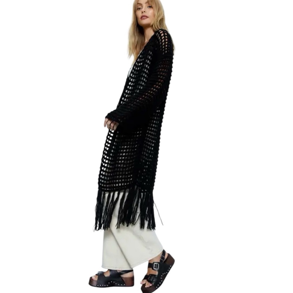 BCBGMaxAzria Black Crochet Fringe Duster Cardigan